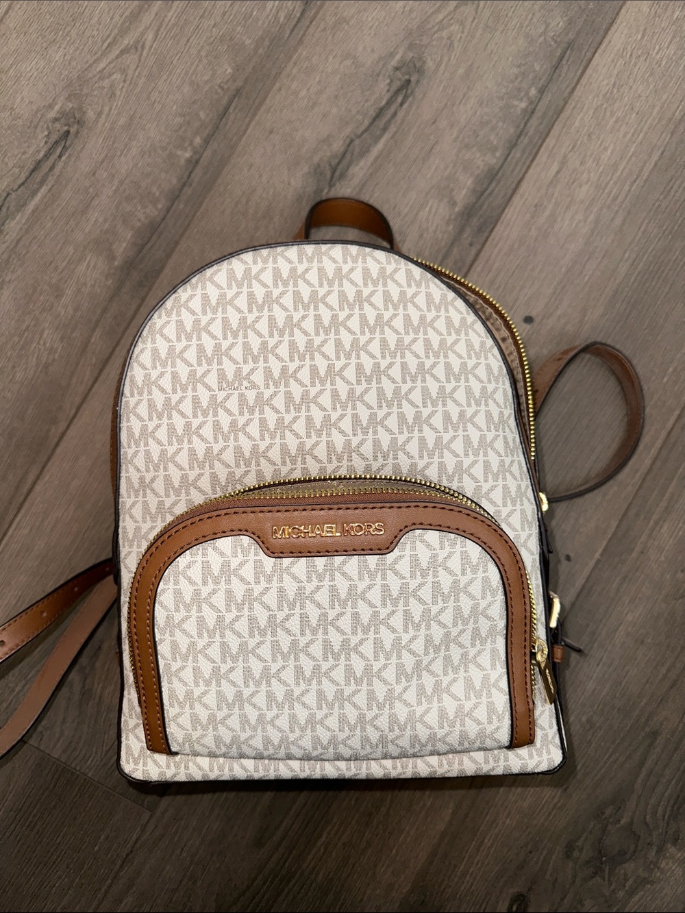 Michael Kors Cream and Brown Signature MK Mini Backpack